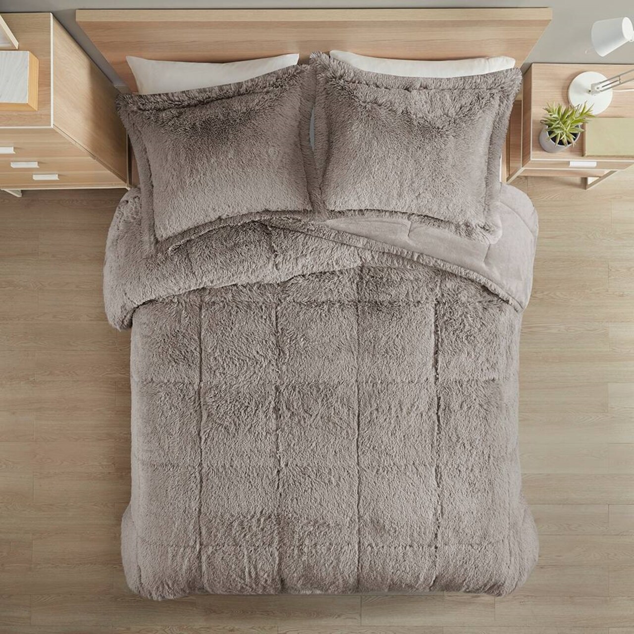 Grey Soft Sherpa Faux Fur 3-Piece Comforter Set with Pillow Shams
